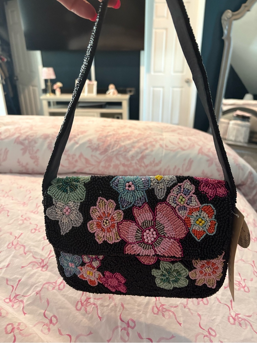 Black Beaded Floral Shoulder Bag with Multicolor Flowers